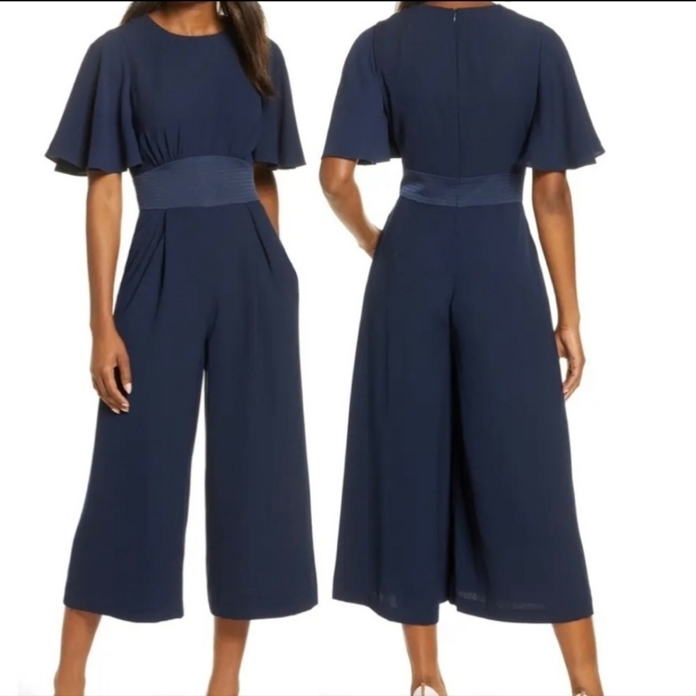 Eliza J Navy Blue Chiffon Flutter Sleeve Cropped Jumpsuit